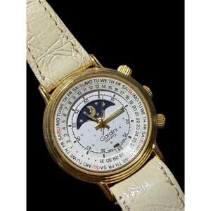 Cardini Quartz Moon Phase Day Date Calendar Watch Gold Tone Cream Leather Band